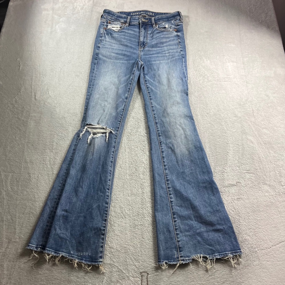 American Eagle Women 2 Regular Super Hi-Rise Flare Jeans Distressed Blue Stretch